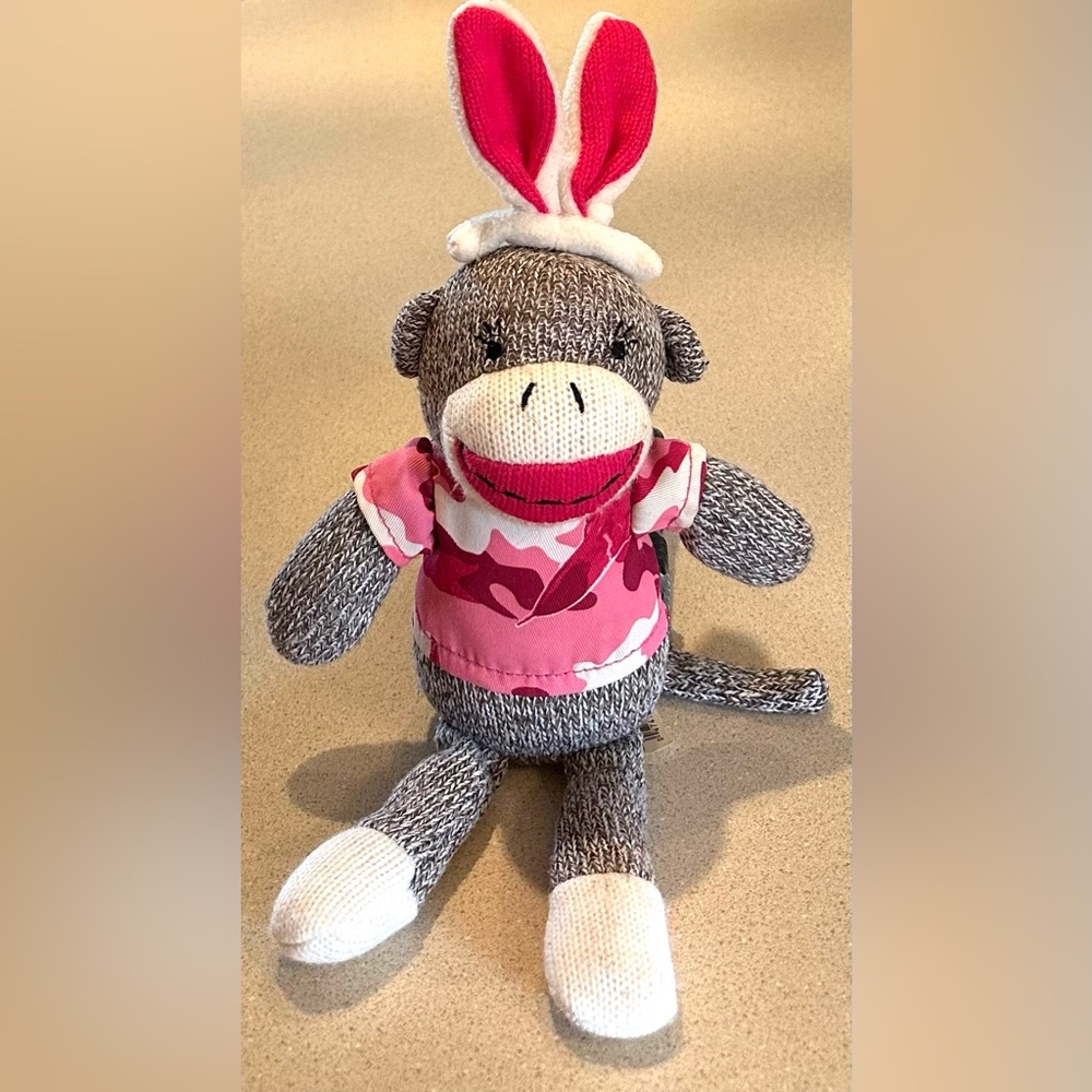Dan Dee Pink Camo Sock Monkey Plush Stuffed Animal Bunny Rabbit Ears Valentine
